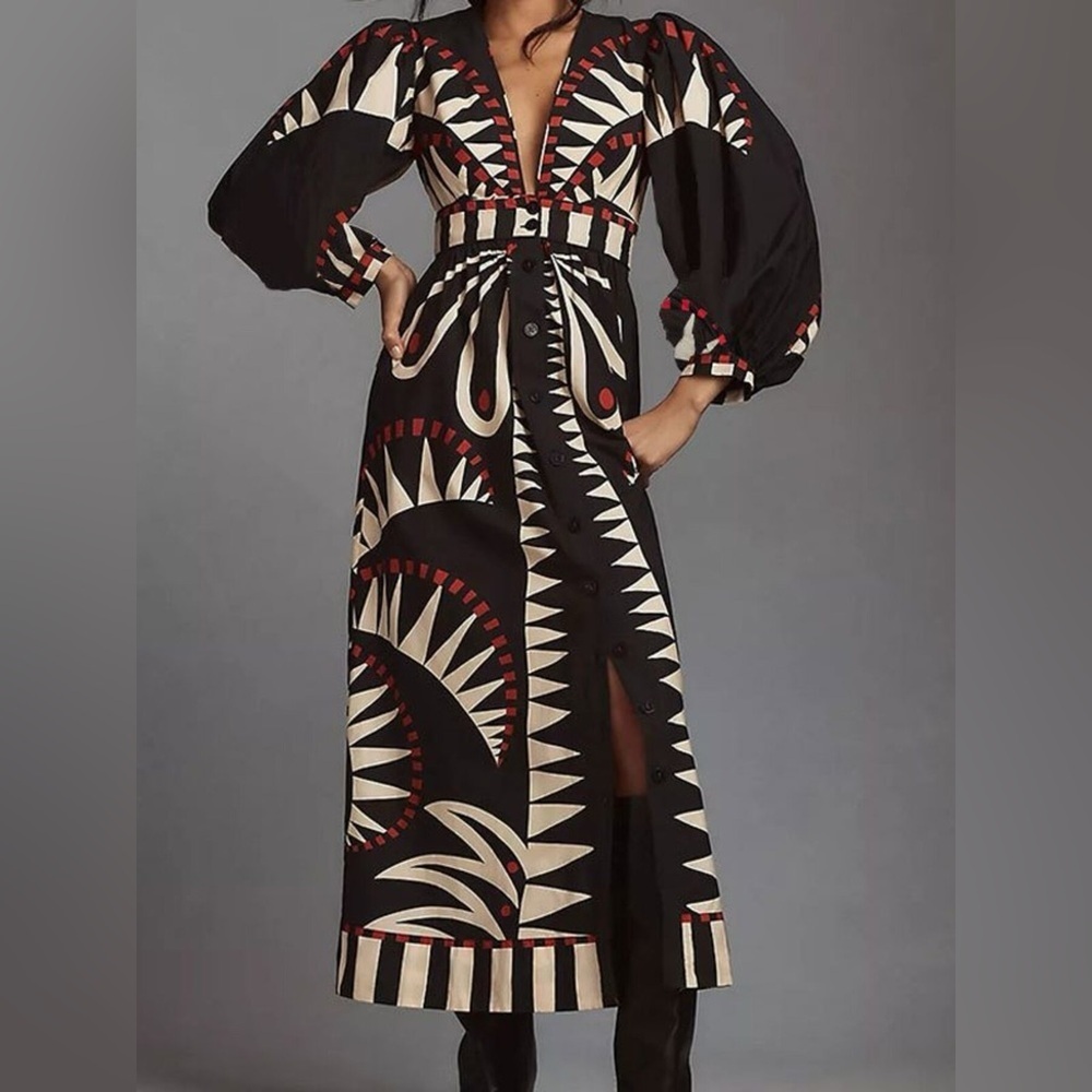Full Size Geometric Long Sleeve Dress Plus Size - Picture 2 of 4